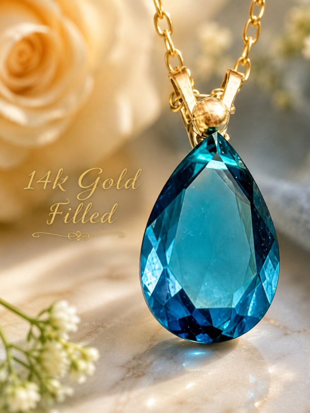 14K Gold Filled London Blue Topaz Inspired Pendant, Lab-made December Birthstone